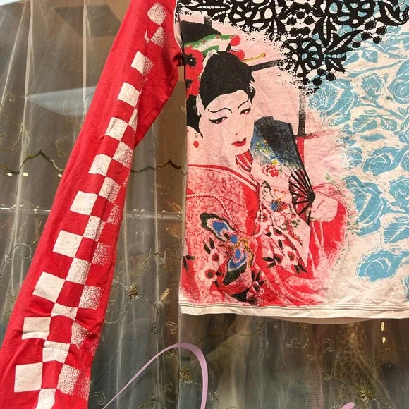 ▪️sold▪️vintage euro replay red geisha checkerboard long sleeve t shirt - Picture 4 of 8